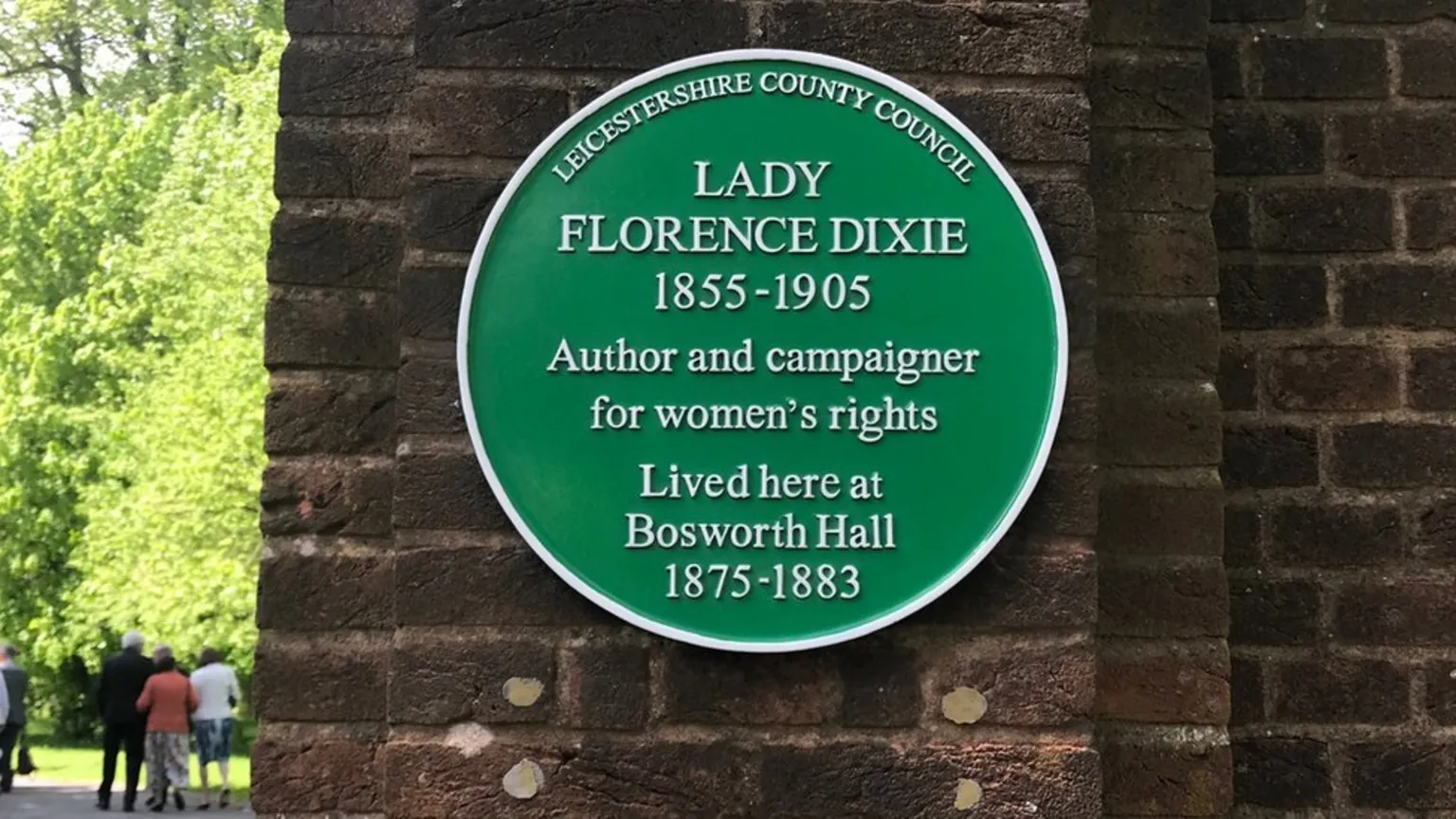 Green commemorative plaque to Lady Florence Dixie at Bosworth Hall, Leicestershire